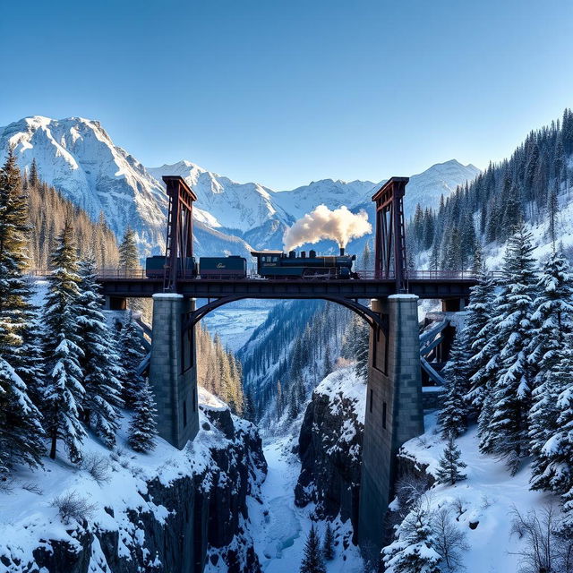 A stunning winter scene featuring a large, rustic bridge spanning a deep valley, with a vintage train crossing over it