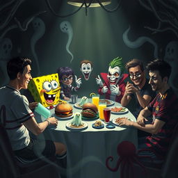 A spooky and chaotic scene featuring SpongeBob SquarePants having a haunted lunch with Cristiano Ronaldo, Harry Potter, Annabelle the doll, the Joker, Patrick Star, an octopus, Lionel Messi, and Abbas Bo Uddar in a dark, eerie setting