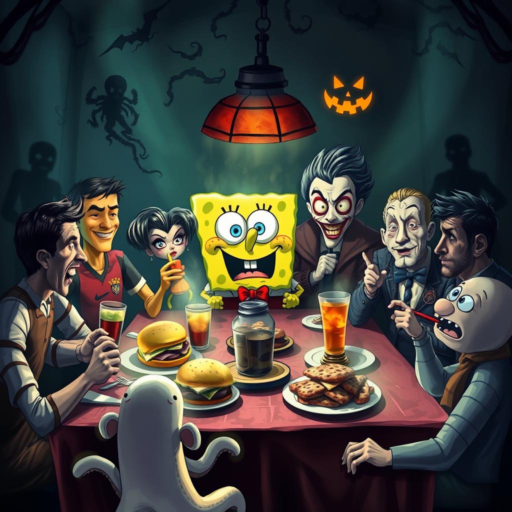 A spooky and chaotic scene featuring SpongeBob SquarePants having a haunted lunch with Cristiano Ronaldo, Harry Potter, Annabelle the doll, the Joker, Patrick Star, an octopus, Lionel Messi, and Abbas Bo Uddar in a dark, eerie setting