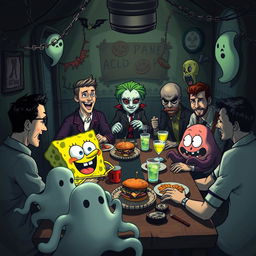 A spooky and chaotic scene featuring SpongeBob SquarePants having a haunted lunch with Cristiano Ronaldo, Harry Potter, Annabelle the doll, the Joker, Patrick Star, an octopus, Lionel Messi, and Abbas Bo Uddar in a dark, eerie setting