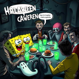 A spooky and chaotic scene featuring SpongeBob SquarePants having a haunted lunch with Cristiano Ronaldo, Harry Potter, Annabelle the doll, the Joker, Patrick Star, an octopus, Lionel Messi, and Abbas Bo Uddar in a dark, eerie setting