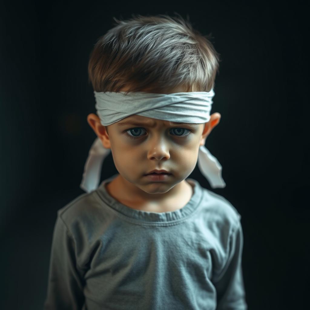 A young boy standing with a bandage over his eyes, expressing a deep sense of despair and anxiety