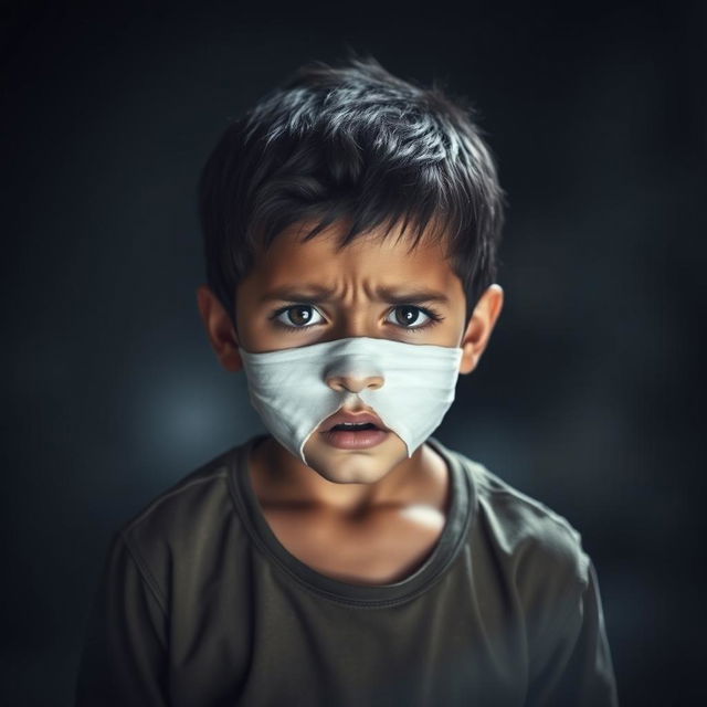 A young boy standing with a bandage over his eyes, expressing a deep sense of despair and anxiety