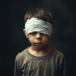 A young boy standing with a bandage over his eyes, expressing a deep sense of despair and anxiety