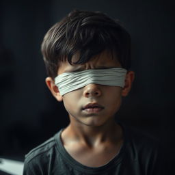 A young boy standing with a bandage over his eyes, expressing a deep sense of despair and anxiety