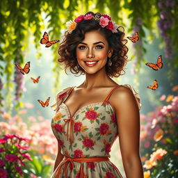 A stunning, hyper-realistic portrait of a strong, confident woman in a vintage-inspired outfit with bold colors, standing in a sunlit, lush garden filled with vibrant flowers