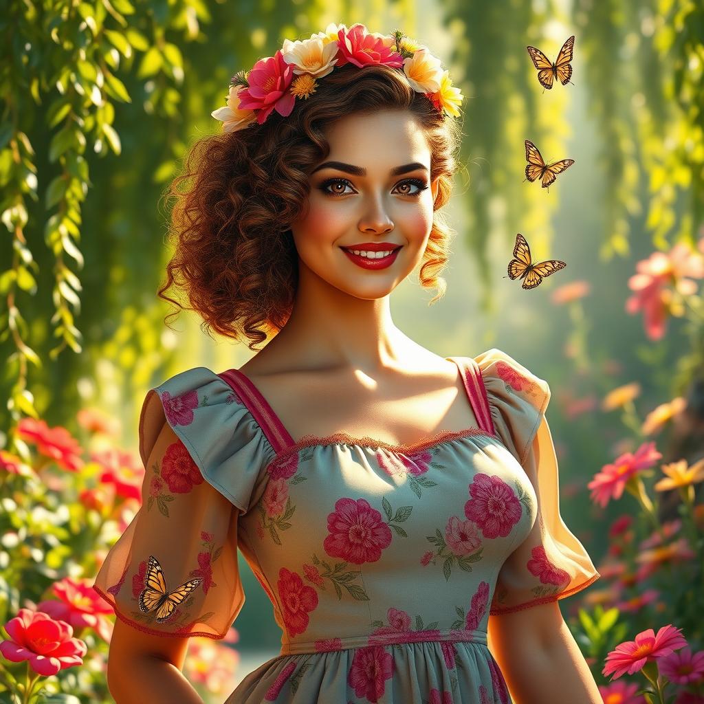 A stunning, hyper-realistic portrait of a strong, confident woman in a vintage-inspired outfit with bold colors, standing in a sunlit, lush garden filled with vibrant flowers
