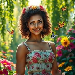A stunning, hyper-realistic portrait of a strong, confident woman in a vintage-inspired outfit with bold colors, standing in a sunlit, lush garden filled with vibrant flowers