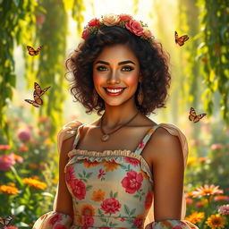A stunning, hyper-realistic portrait of a strong, confident woman in a vintage-inspired outfit with bold colors, standing in a sunlit, lush garden filled with vibrant flowers