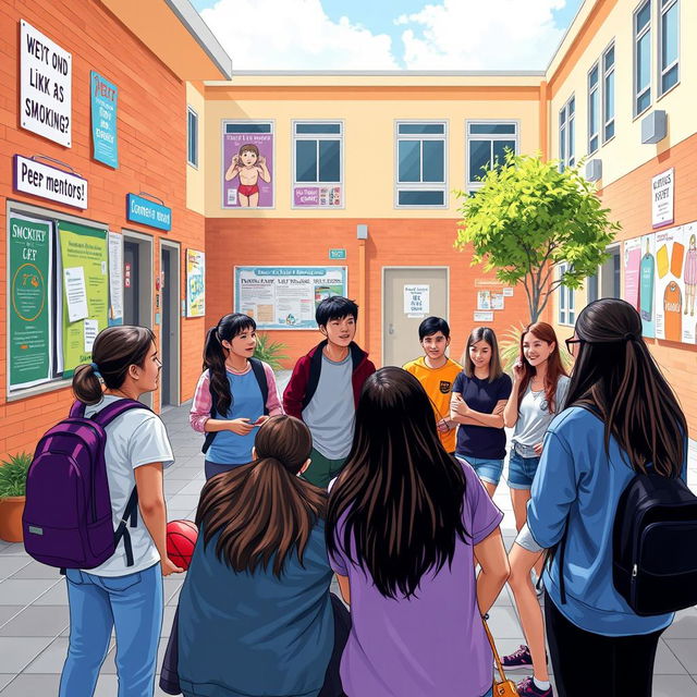 An educational scene depicting a group of teenagers engaged in a positive and healthy environment, discussing the importance of preventing risky behaviors such as smoking