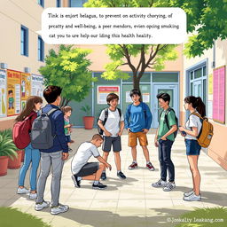 An educational scene depicting a group of teenagers engaged in a positive and healthy environment, discussing the importance of preventing risky behaviors such as smoking