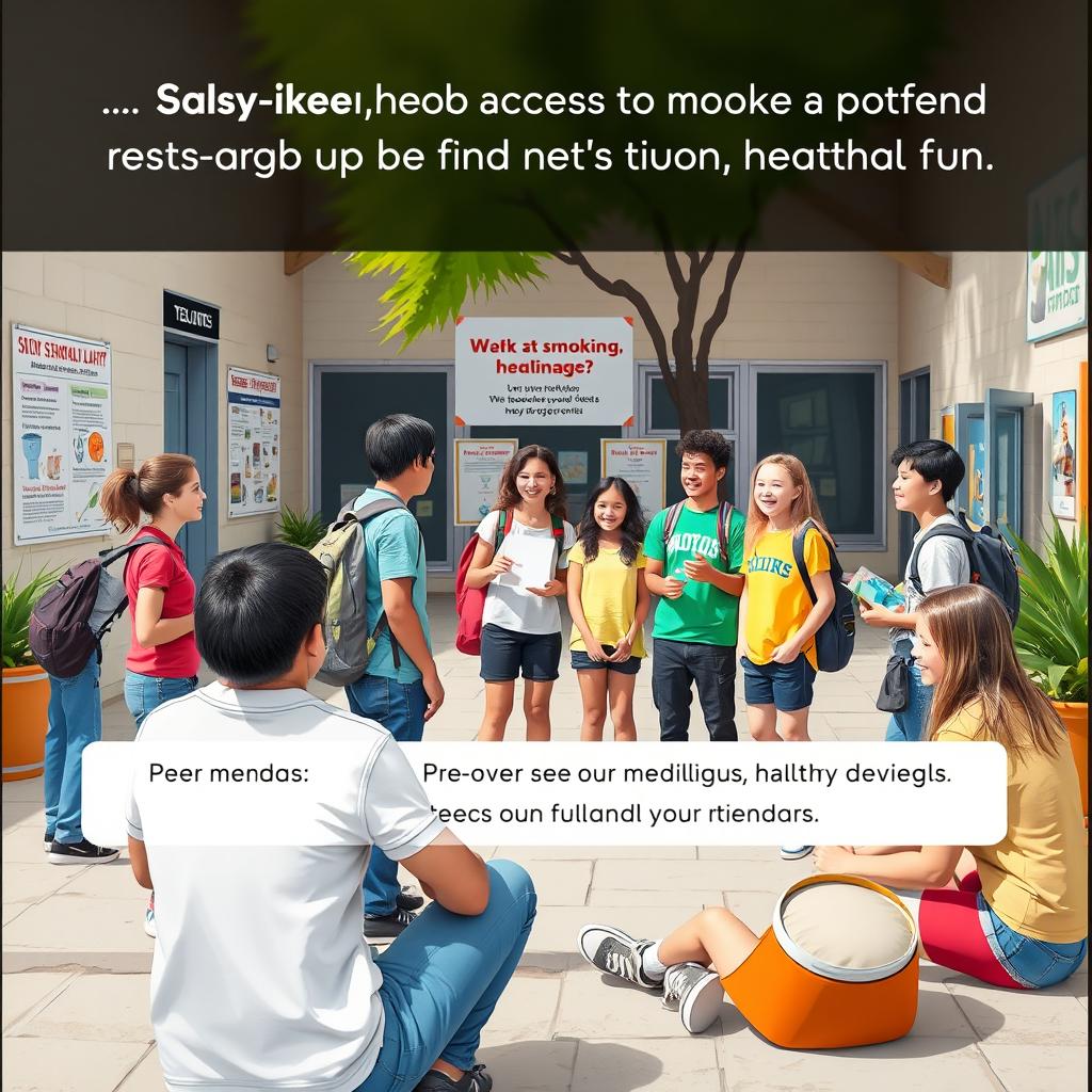 An educational scene depicting a group of teenagers engaged in a positive and healthy environment, discussing the importance of preventing risky behaviors such as smoking