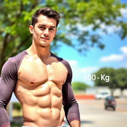 A young man with a weight of 100 kg and a height of 192 cm, showcasing a fit and toned physique without any belly fat