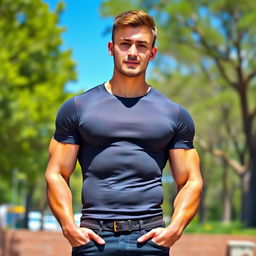 A young man with a weight of 100 kg and a height of 192 cm, showcasing a fit and toned physique without any belly fat