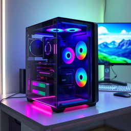 A visually striking high-tech computer workstation, showcasing a sleek desktop tower featuring two massive 2500 GB solid-state drives (SSD) and two 2500 GB hard disk drives (HDD)