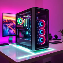 A visually striking high-tech computer workstation, showcasing a sleek desktop tower featuring two massive 2500 GB solid-state drives (SSD) and two 2500 GB hard disk drives (HDD)