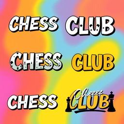 The phrase 'CHESS CLUB' designed in various unique aesthetic fonts, showcasing a range of artistic styles such as calligraphy, graffiti, vintage typewriter, modern geometric shapes, and playful script