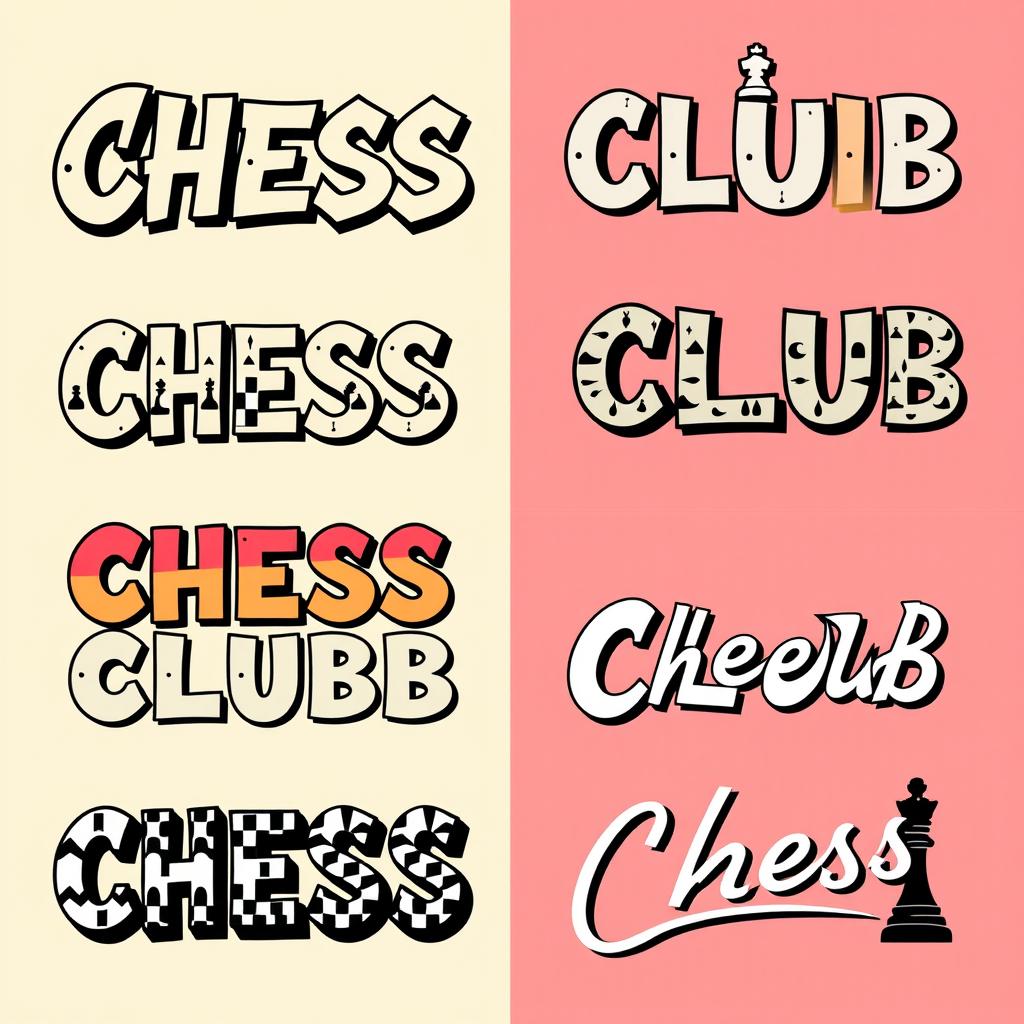 The phrase 'CHESS CLUB' designed in various unique aesthetic fonts, showcasing a range of artistic styles such as calligraphy, graffiti, vintage typewriter, modern geometric shapes, and playful script