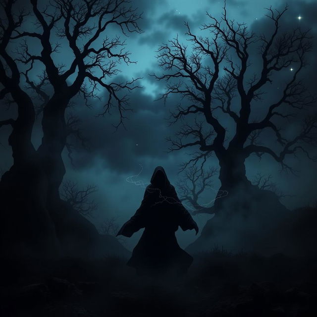 A dark and mystical scene representing the theme of 'The Song of Eternal Darkness'