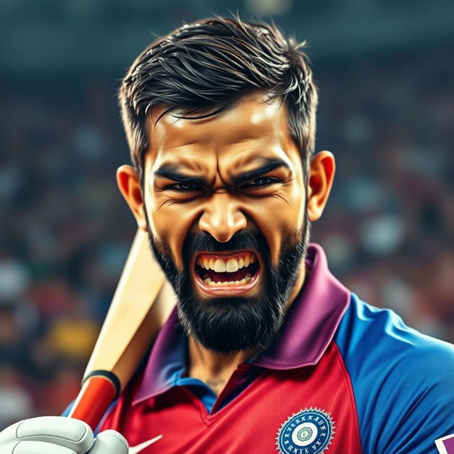 A high-intensity portrait of a professional cricketer resembling an angry Virat Kohli, showcasing his fierce expression during a match