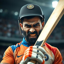 A high-intensity portrait of a professional cricketer resembling an angry Virat Kohli, showcasing his fierce expression during a match