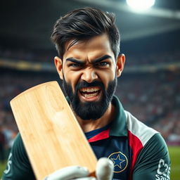 A high-intensity portrait of a professional cricketer resembling an angry Virat Kohli, showcasing his fierce expression during a match