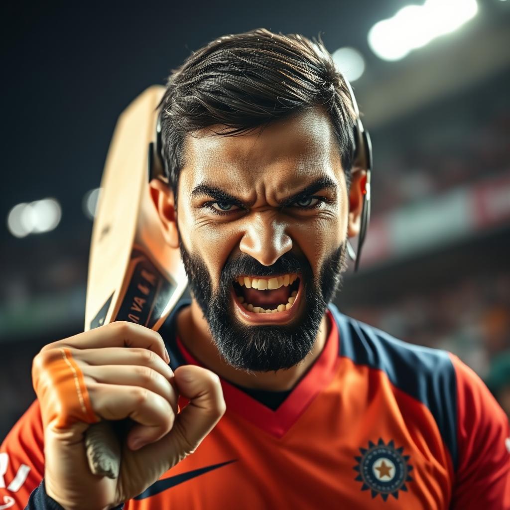 A high-intensity portrait of a professional cricketer resembling an angry Virat Kohli, showcasing his fierce expression during a match