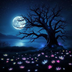 A mystical landscape under a starry night sky, featuring an ancient and gnarled tree illuminated by ethereal blue and purple light