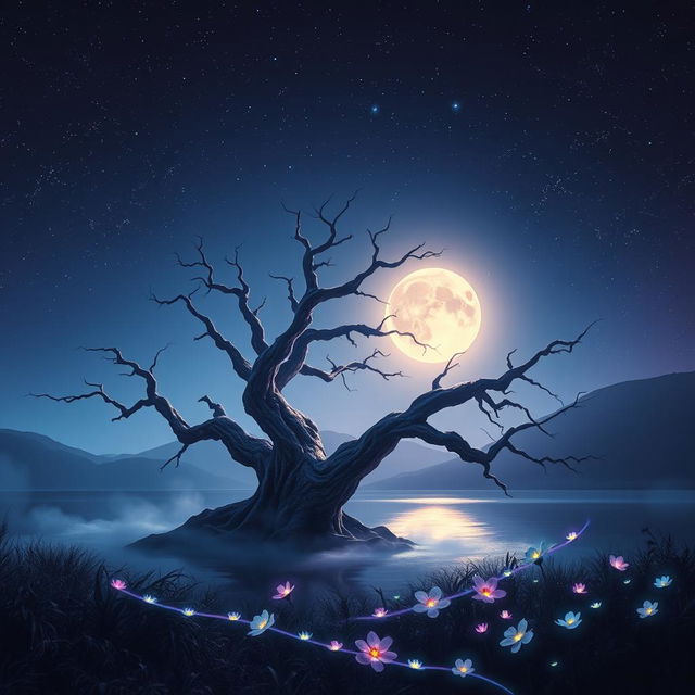 A mystical landscape under a starry night sky, featuring an ancient and gnarled tree illuminated by ethereal blue and purple light