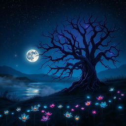 A mystical landscape under a starry night sky, featuring an ancient and gnarled tree illuminated by ethereal blue and purple light