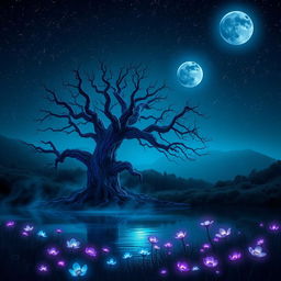 A mystical landscape under a starry night sky, featuring an ancient and gnarled tree illuminated by ethereal blue and purple light