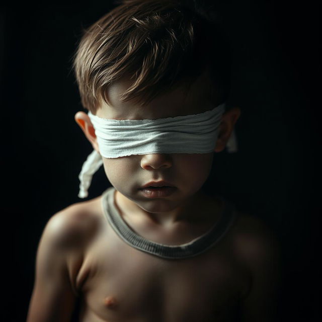 A young boy standing with a bandage over his eyes, embodying a deep sense of despair and anxiety