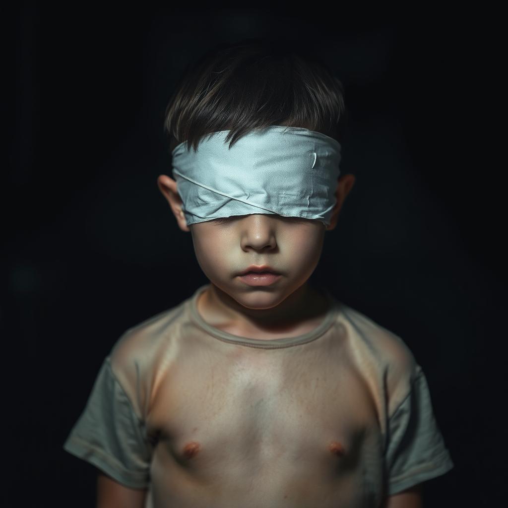 A young boy standing with a bandage over his eyes, embodying a deep sense of despair and anxiety