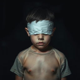 A young boy standing with a bandage over his eyes, embodying a deep sense of despair and anxiety