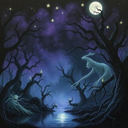 A fantastical landscape depicting a dark, mystical forest filled with ancient trees, tangled vines, and ethereal creatures