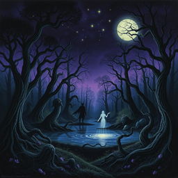 A fantastical landscape depicting a dark, mystical forest filled with ancient trees, tangled vines, and ethereal creatures