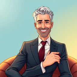 An illustrated portrait of Sid Kelvin, an ultra-charming man with striking features and an irresistible smile, dressed in a stylish, tailored suit that highlights his suave demeanor