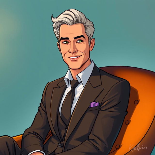 An illustrated portrait of Sid Kelvin, an ultra-charming man with striking features and an irresistible smile, dressed in a stylish, tailored suit that highlights his suave demeanor