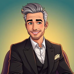 An illustrated portrait of Sid Kelvin, an ultra-charming man with striking features and an irresistible smile, dressed in a stylish, tailored suit that highlights his suave demeanor