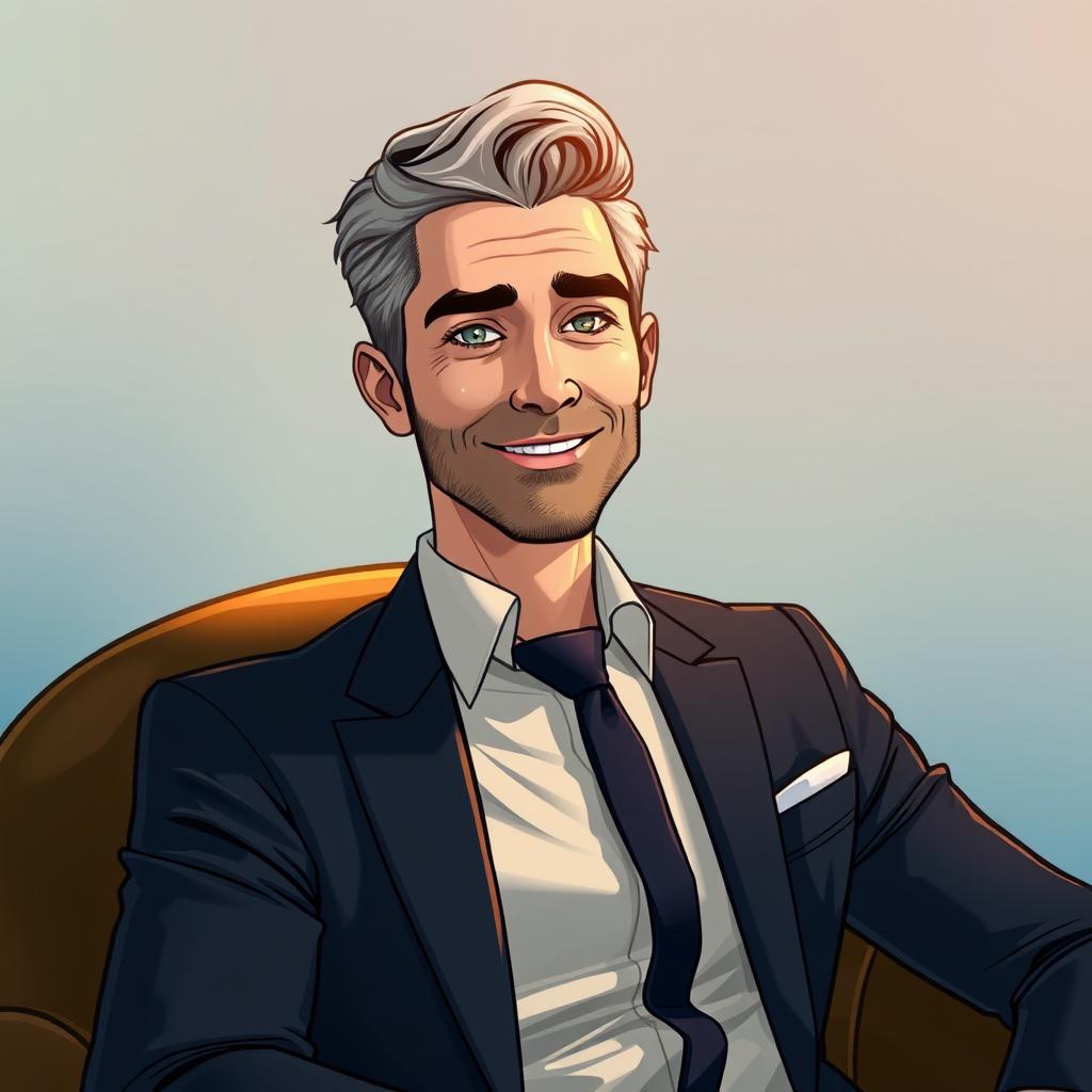 An illustrated portrait of Sid Kelvin, an ultra-charming man with striking features and an irresistible smile, dressed in a stylish, tailored suit that highlights his suave demeanor