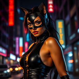 A fierce and alluring woman dressed as a cat, featuring sleek black bodysuit with cat ears and a tail, striking a confident pose in an urban night setting