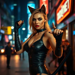 A fierce and alluring woman dressed as a cat, featuring sleek black bodysuit with cat ears and a tail, striking a confident pose in an urban night setting