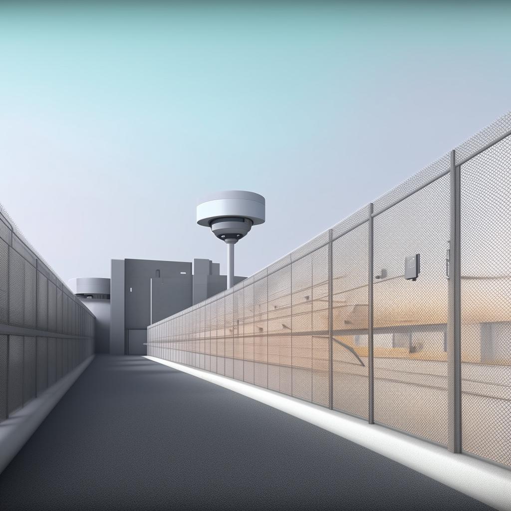 paved road beside gauze perimeter fence  with cameras of futuristic maximum-security penitentiary  in broad daylight based on https://files.dreamhome.software/files/static/37174