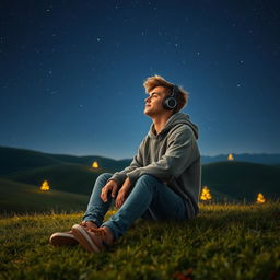 A young man sitting on a grassy hill, lost in thought while listening to lofi music through his headphones