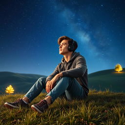A young man sitting on a grassy hill, lost in thought while listening to lofi music through his headphones