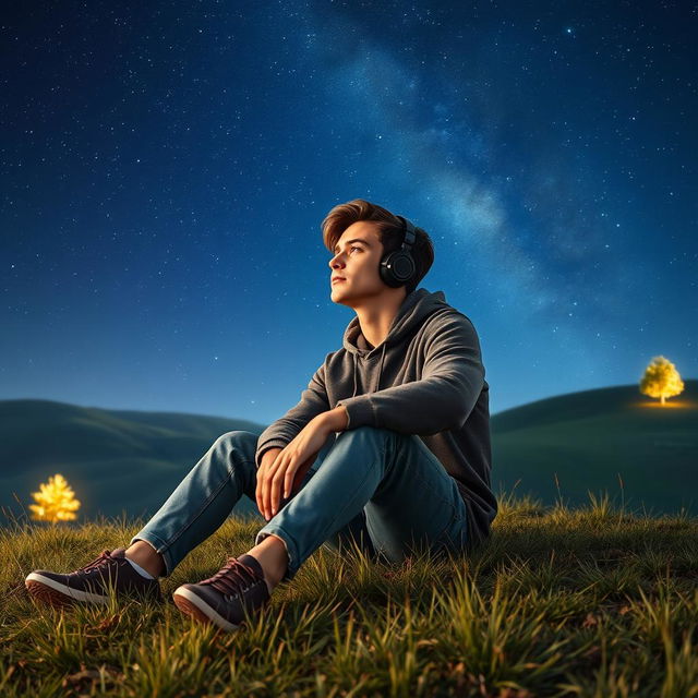 A young man sitting on a grassy hill, lost in thought while listening to lofi music through his headphones