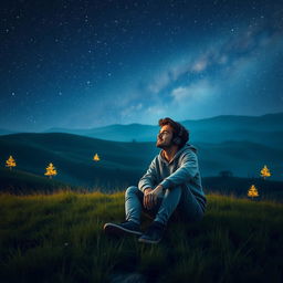 A young man sitting on a grassy hill, lost in thought while listening to lofi music through his headphones