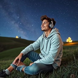 A young man sitting on a grassy hill, lost in thought while listening to lofi music through his headphones
