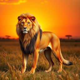 A striking and surreal creature standing in a lush savannah at sunset, combining the majestic features of a lion and the loyal characteristics of a dog