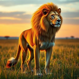A striking and surreal creature standing in a lush savannah at sunset, combining the majestic features of a lion and the loyal characteristics of a dog